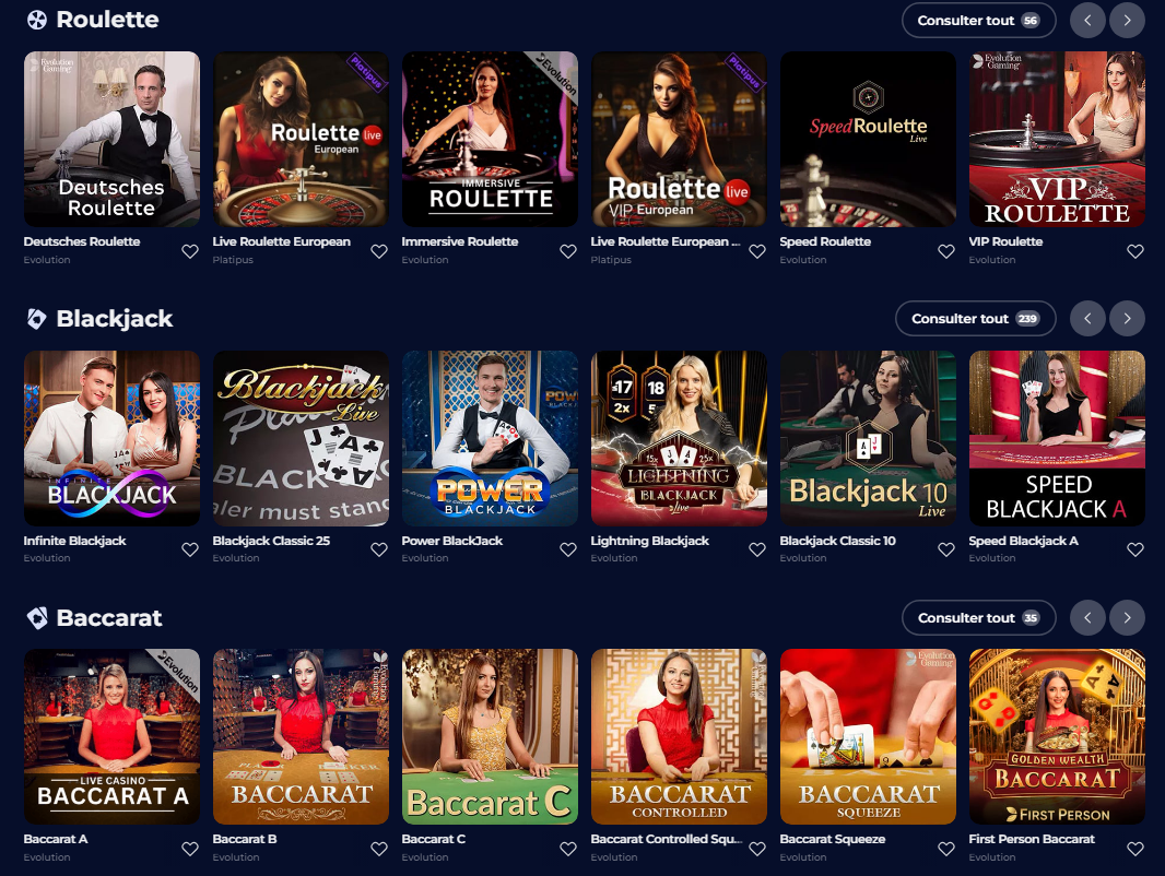 Beschikbare spellen in de live sectie van Nine Casino