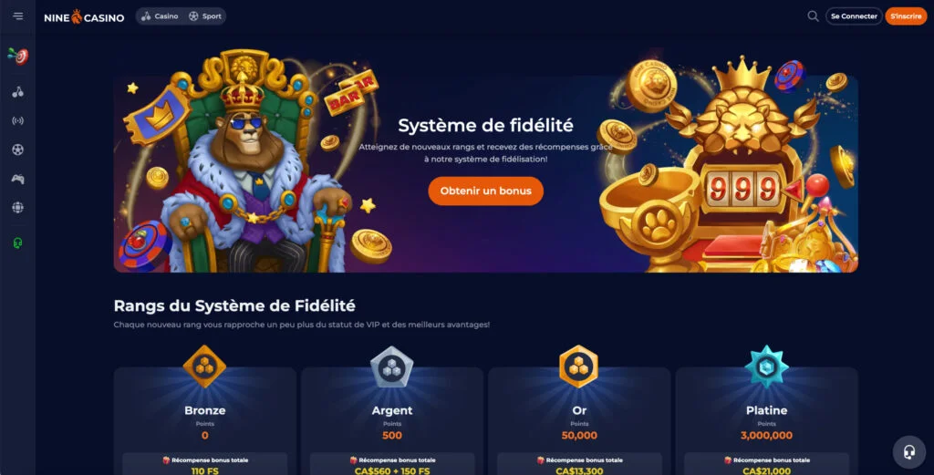 De niveaus van de VIP Club van Nine Casino