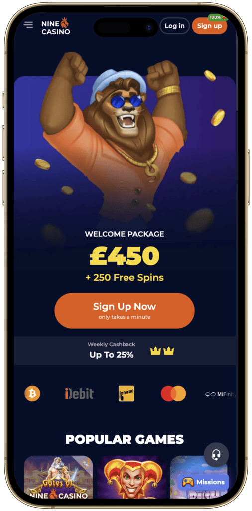Nine Casino mobiele interface